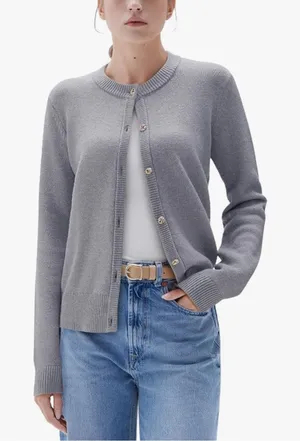 Women’s S Gray Cashmere Blend Cardigan Sweater Gold Knot Buttons Quiet Luxury thumbnail 1