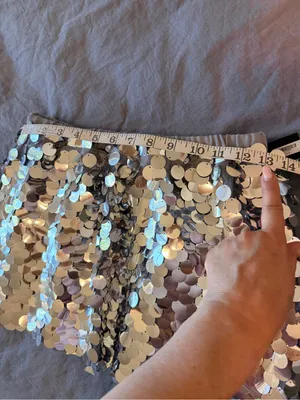 NWT Spirit Halloween sequinned mini skirt, silver tone large round sequin, sz L thumbnail 5