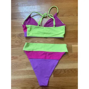 Beach Riot Colorblock Ribbed Bikini Set Neon Pink Green Purple High Waisted M thumbnail 2