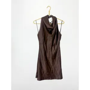 NWT Zara Brown Satin Jewelry Back Mini Dress Size Small High Neck Cocktail thumbnail 4