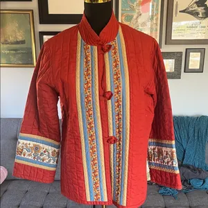 Vintage hand made Red Quilted Jacket with Floral Stripes. Size Large? thumbnail 1