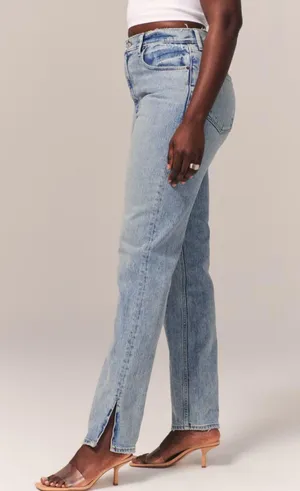 Abercrombie Slim Straight Ultra High Rise Curve Love Light Wash Split Hem Jean thumbnail 1