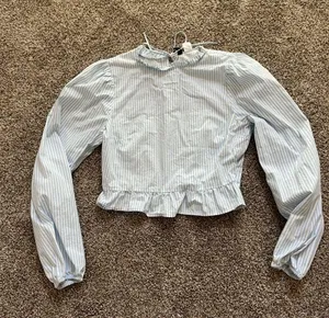 H&M Blouse Long Sleeve Ruffled Collar and Hem Blue Vertical Stripes Zip Small thumbnail 1