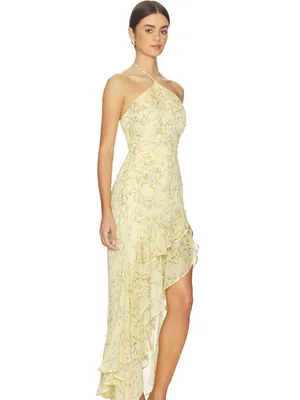 Amanda Uprichard Halter Ruffle High-Low Midi Dress in Pale Yellow thumbnail 2