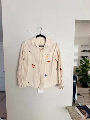 Sézane x Pangea Tomboy Shirt Fruit Floral Embroidered Ecru Linen Button down thumbnail 5