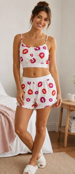 NEW!! HOT LIPS Lipstick Kiss Cropped‎ Loungewear Two Piece Set Top Shorts Medium thumbnail 1