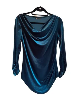 Valerie Bertinelli Teal Blue Velvet Long Sleeve Draped Top For Women thumbnail 1