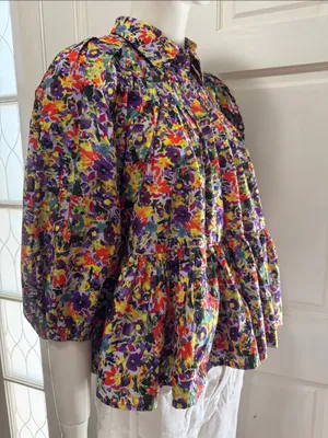 Meet me in Santorini 100% Cotton Boho Floral Peplum Blouse Multicolor SzLarge A1 thumbnail 6