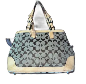 Coach Hampton Signature Monogram Brown Tan Leather Trim Tassel Handbag Purse thumbnail 3