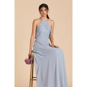 NWT Womens Size Small Birdy Grey Blue Jules Chiffon Ruffle Accent Maxi Dress thumbnail 5
