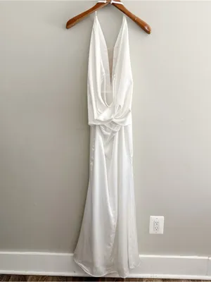 Innovare Denim Satin Elegant White Halter Maxi Dress size Medium thumbnail 3