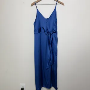 Anthropologie Chelsea28 Women Dress XL Blue Satin‎ Faux Wrap Midi Party Cocktail thumbnail 3