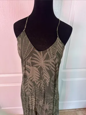 OLD NAVY PALM LEAF Olive Green Printed Rayon Dress thumbnail 4