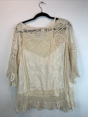 Democracy crochet 3/4 sleeve sz L whimsical boho resort vacation sheer indie thumbnail 5