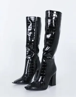 Princess Polly Mercury Knee High Boots Croc Print Black thumbnail 1