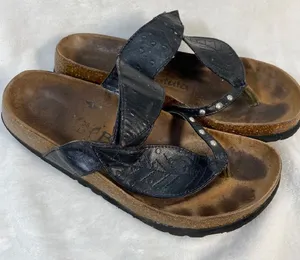Betula Birkenstock Thong Sandals Black Leather‎ Pearls Size 38 W7-flaw thumbnail 1