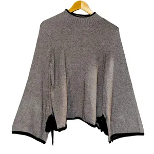Allison Joy Gray Long Split‎ Tie Bell Sleeve Sweater Women Sz Large Feminine Bow thumbnail 1
