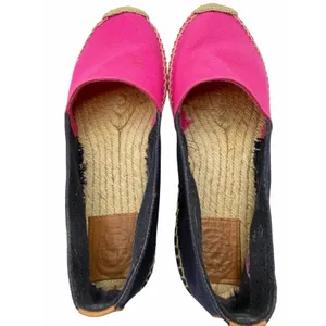 Tory Burch Colorblock Pink Navy Canvas Espadrille Flats Jute Double T Logo Sz 9 thumbnail 6