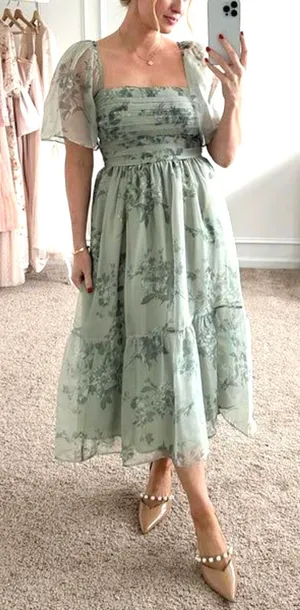Abercrombie & Fitch Emerson Angel Sleeve Midi Dress Sage Green Floral Large thumbnail 1