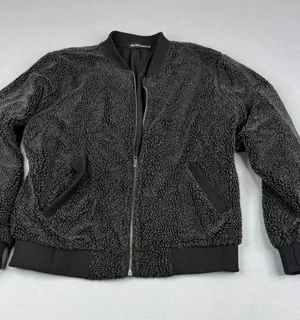 Brandy Melville Teddy Sherpa Bomber Jacket One Size Black Gray Fuzzy Y2K Zip thumbnail 1
