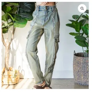 Oli‎ & Hali Yellow Wash Distressed Cargo Jeans XL Fringed Raw Edge Utility Pants thumbnail 12