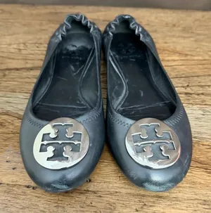 Tory Burch Black Leather Logo Reva Ballet Flats with Silver Emblem Discs thumbnail 1
