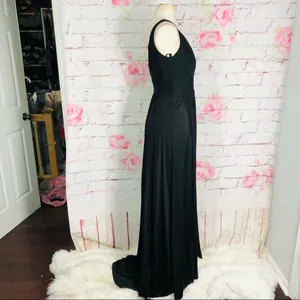 LA FEMME Plunge Neck A-line black high front slit Gown thumbnail 8