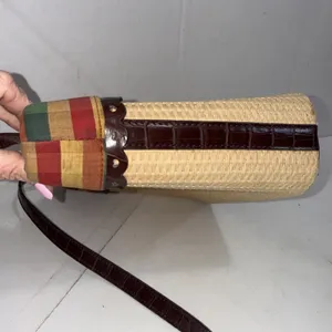 Vintage Brighton Style Y2K Handbag Brown‎ Leather Hearts Trim Plaid Straw Purse thumbnail 14