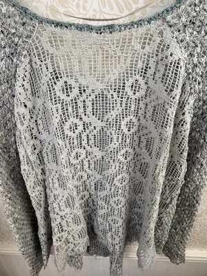 Free People Gray and Blue Poppyseed Knit Lace Pullover Sweater - Size - Small thumbnail 5