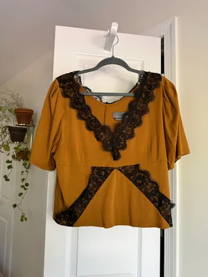 Anthropologie Lace Trim Peplum Top Mustard Black XL Romantic Boho thumbnail 7