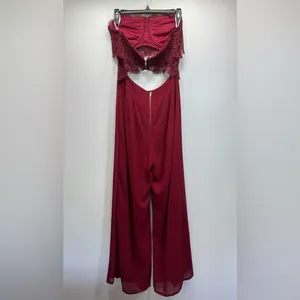 Papaya Burgundy Maroon Jumpsuit Lace Top Bare Midriff Open Back Wide Leg Sheer Overlay thumbnail 3