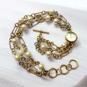 Anne Klein Women's Chunky Bracelet Watch Gold Faux Pearl Wrap Bracelet thumbnail 1