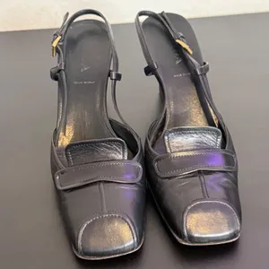 Vintage Prada Black Leather Square Toe Slingback Pump Size 35.5 Gold Buckle y2k thumbnail 2