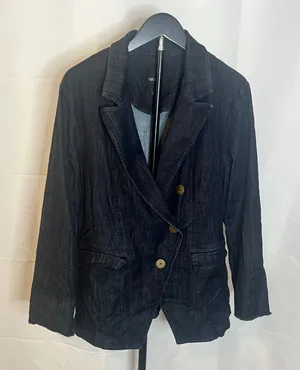 Nic+Zoe Womens Denim Blazer Jacket Dark Wash Indigo Raw Hem Large‎ L thumbnail 1