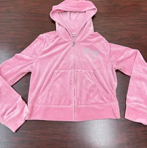 Juicy Couture Pink Velour Full Zip Cropped Jacket with Hood Size Large thumbnail 1
