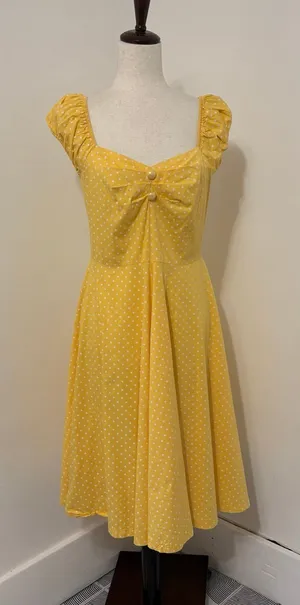 Muxxn Yellow Polka Dot 50s Style Swing Dress Sz L thumbnail 1