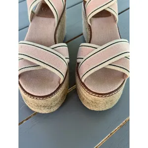 Tory Burch Pink Beige Striped Strappy Wedge Platform Slip-On Sandals Size 7M thumbnail 8