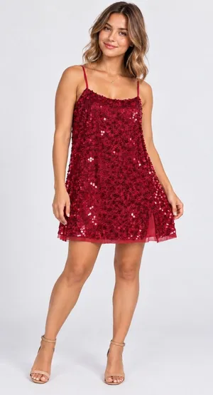 Intimately Free People Red Sequin Mini Slip Dress Square Neck Sz L OB1533256 NWT thumbnail 1