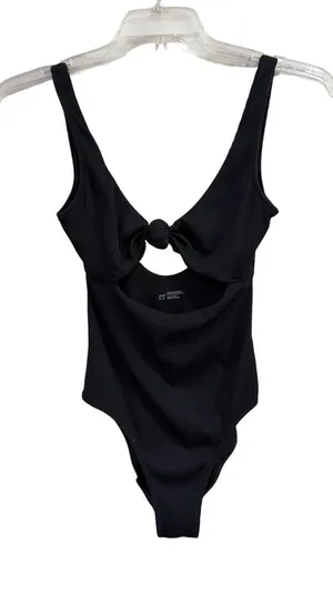 Aerie Ribbed One Piece Swimsuit Black Front Cutout Knot Detail Full Coverage XS thumbnail 1