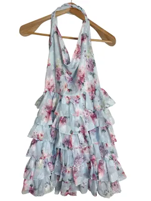 Lulus Trending Adorable Light Blue Floral Tiered Halter Mini Chiffon Dress sz L thumbnail 2