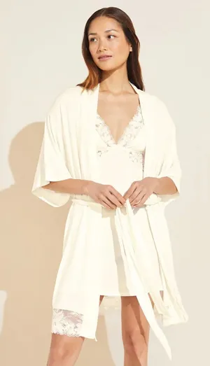 Eberjey Rosalia Tencel Modal Ivory Robe Lace Tie Womens Small thumbnail 1