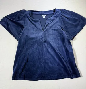 Crown Ivy Womens Velvet V Neck Flutter Sleeve Top Navy Blue XL thumbnail 1