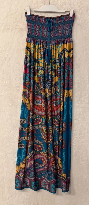 Flying Tomato Paisley Maxi Dress Womens Large Blue Yellow Smocked Strapless Boho thumbnail 1