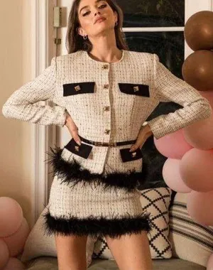 Ivory And Black Cropped Tweed Jacket & Skirt Set NWT thumbnail 1