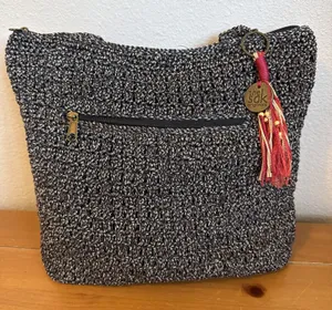 The Sak Lanie Market Tote Purse Crocheted Shoulder Bag Black Brown 14"x12" thumbnail 1