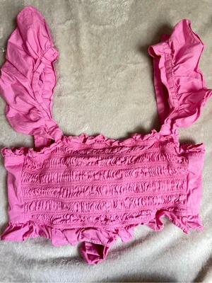 Altar'd State Pink Smocked Ruffle Crop Top thumbnail 1