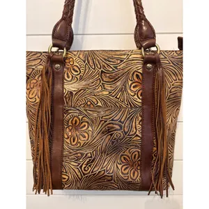 Patricia Nash Tooled Leather Fringe Tote Bag Purse Brown Floral‎ Western thumbnail 2