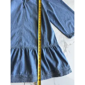 LOFT Women L Denim Chambray Tie Neck Wide Sleeve Tiered Drop Waist Dress Cotton thumbnail 5