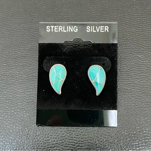 Sterling Silver Vintage STR.SII Turquoise Inlay Comma Teardrop Post Earrings thumbnail 2