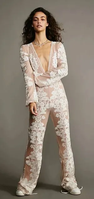 Free People For Love Lemons Temecula Jumpsuit Floral Embroidery Ivory Medium thumbnail 1